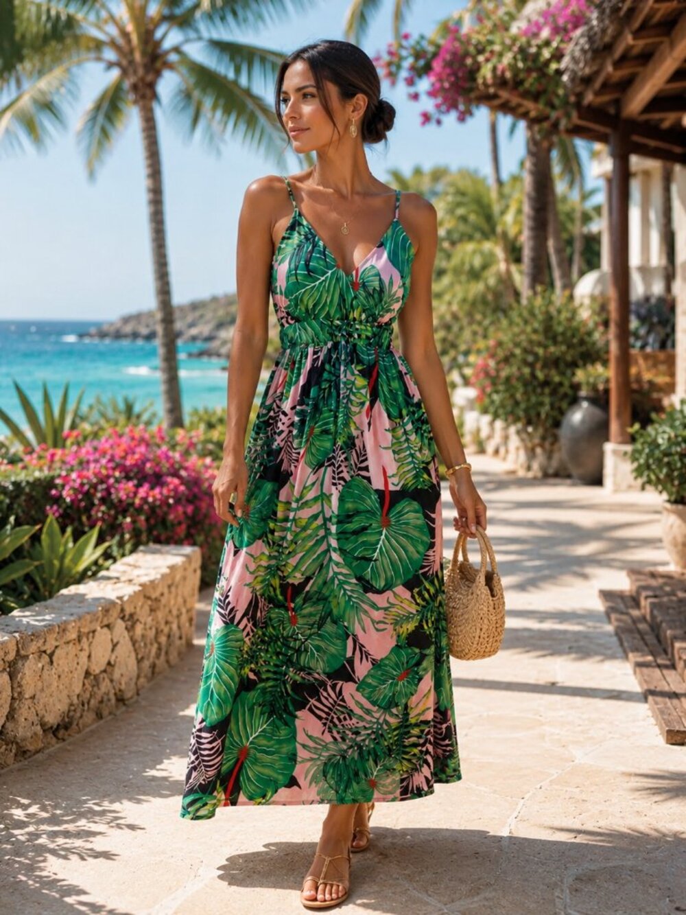 Tropical Leaf Maxi Sundress in Pink and Green size L